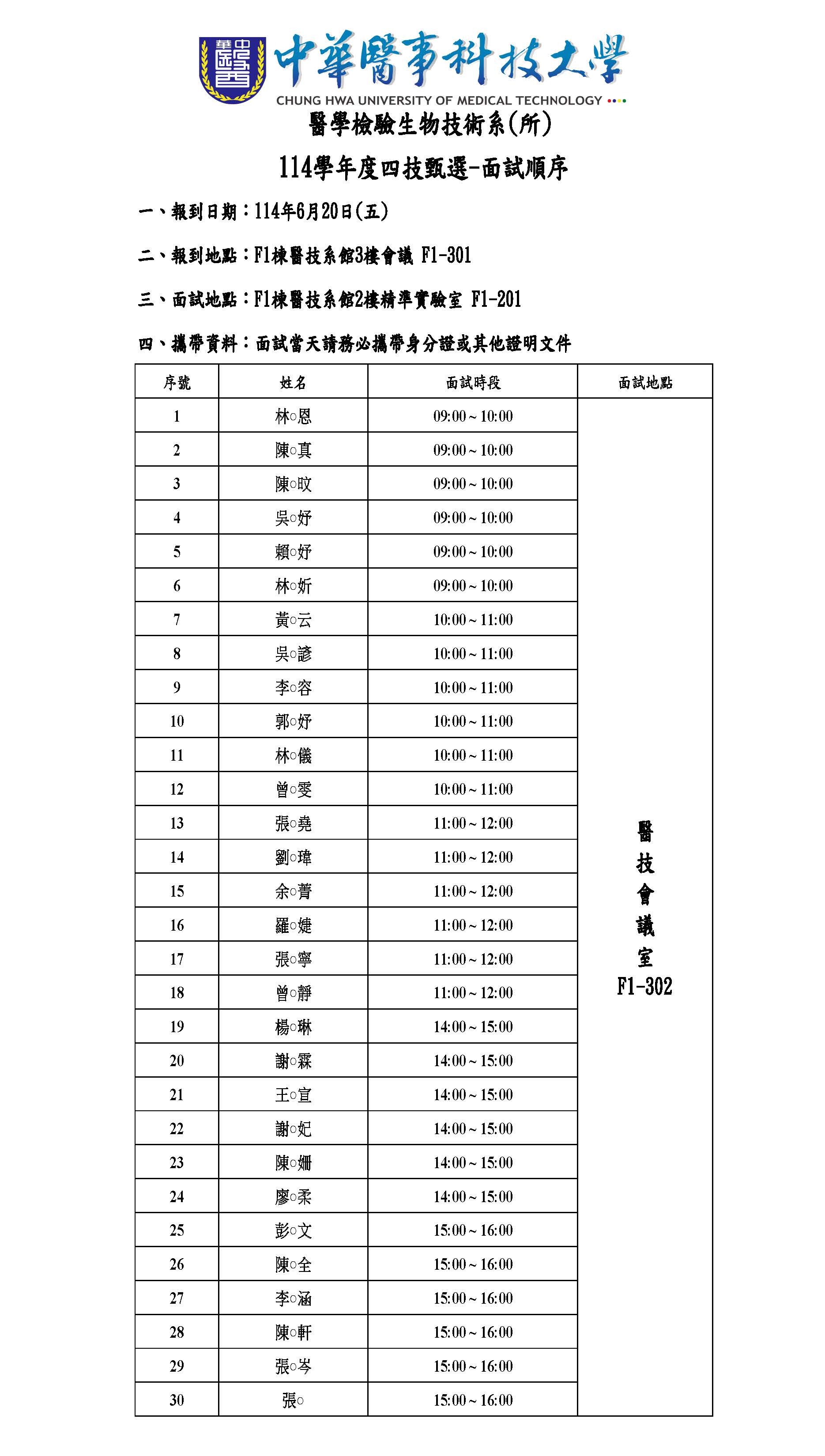 醫技系114學年度四技甄選面試名單-公告