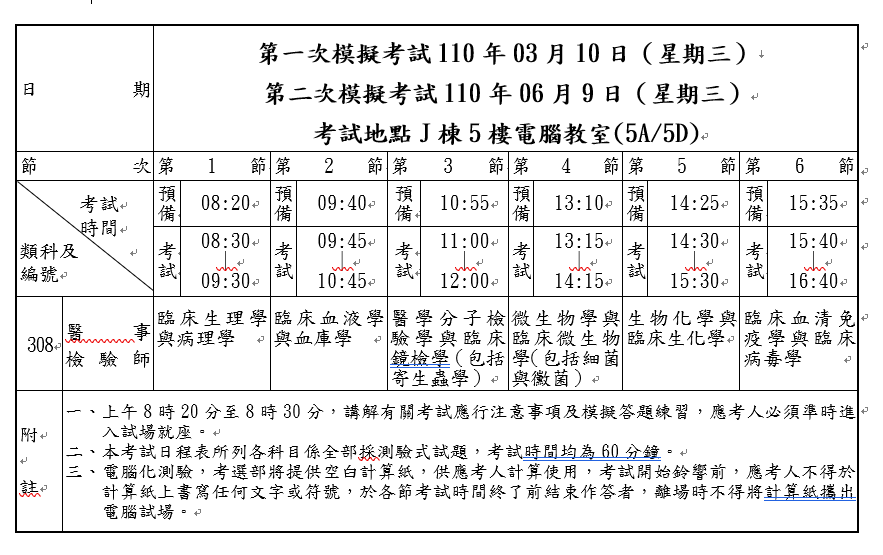109學年度　第二學期　第一、二次國考模擬考試　考試日程表