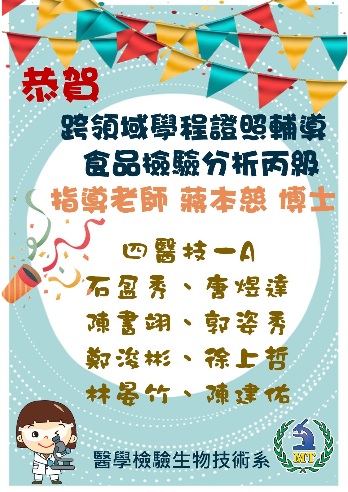 賀！中華醫大醫技系跨領域 學程-多元檢驗學分學程] 課程- [食品分析與檢驗] ，學生通過證照考試，成果斐然！